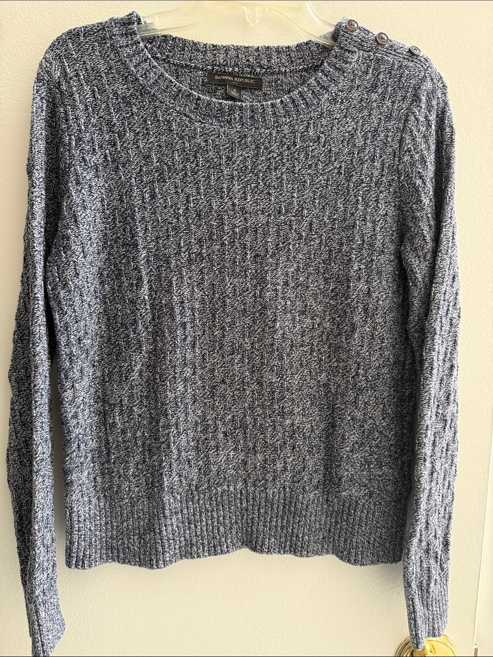 Banana Republic Navy Marled Button-Shoulder Crewneck Sweater